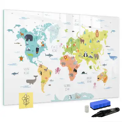 Pizarra de cristal borrable con imanes con diseño de mapa del mundo con animales