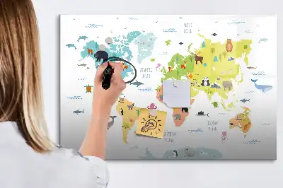 Pizarra de cristal borrable con imanes con diseño de mapa del mundo con animales