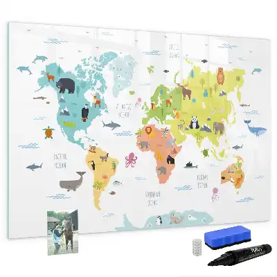 Pizarra de cristal borrable con imanes con diseño de mapa del mundo con animales