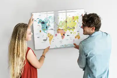 Pizarra de cristal borrable con imanes con diseño de mapa del mundo con animales