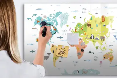 Pizarra de cristal borrable con imanes con diseño de mapa del mundo con animales