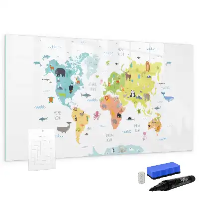 Pizarra de cristal borrable con imanes con diseño de mapa del mundo con animales