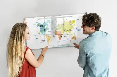 Pizarra de cristal borrable con imanes con diseño de mapa del mundo con animales