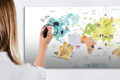 Pizarra de cristal borrable con imanes con diseño de mapa del mundo con animales