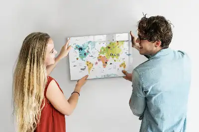 Pizarra de cristal borrable con imanes con diseño de mapa del mundo con animales