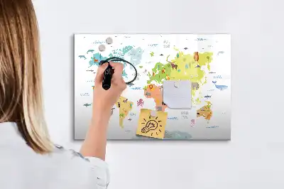 Pizarra de cristal borrable con imanes con diseño de mapa del mundo con animales
