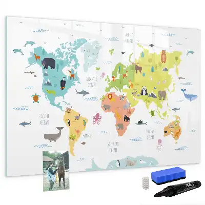 Pizarra de cristal borrable con imanes con diseño de mapa del mundo con animales