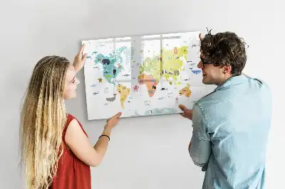 Pizarra de cristal borrable con imanes con diseño de mapa del mundo con animales