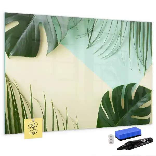 Pizarra de cristal borrable con imanes diseño de hojas de monstera