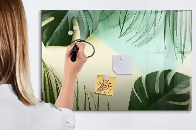 Pizarra de cristal borrable con imanes diseño de hojas de monstera