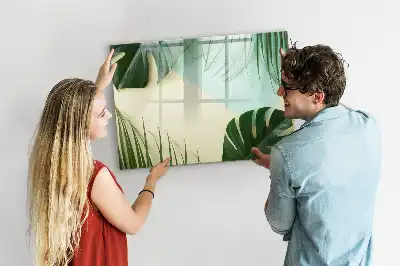 Pizarra de cristal borrable con imanes diseño de hojas de monstera