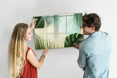 Pizarra de cristal borrable con imanes diseño de hojas de monstera
