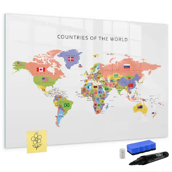 Pizarra magnética de pared con rotulador y diseño de mapa con banderas