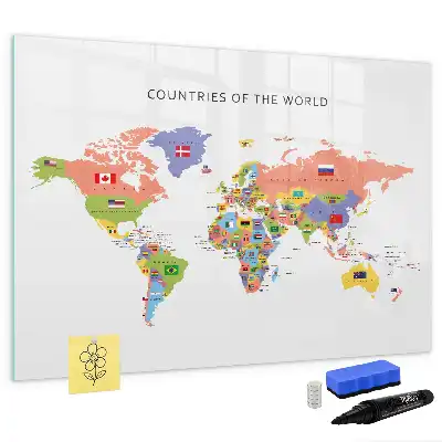 Pizarra magnética de pared con rotulador y diseño de mapa con banderas