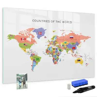 Pizarra magnética de pared con rotulador y diseño de mapa con banderas