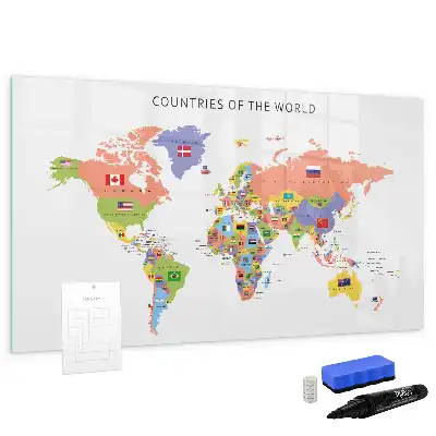 Pizarra magnética de pared con rotulador y diseño de mapa con banderas