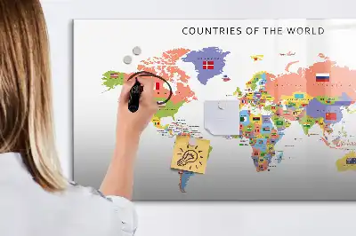 Pizarra magnética de pared con rotulador y diseño de mapa con banderas