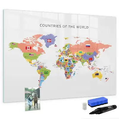 Pizarra magnética de pared con rotulador y diseño de mapa con banderas