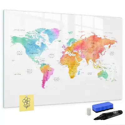 Pizarra de cristal magnética diseño de mapa del mundo en acuarela