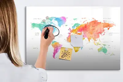 Pizarra de cristal magnética diseño de mapa del mundo en acuarela