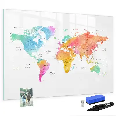 Pizarra de cristal magnética diseño de mapa del mundo en acuarela