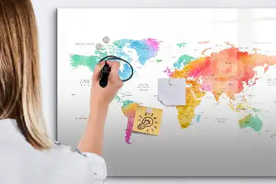 Pizarra de cristal magnética diseño de mapa del mundo en acuarela