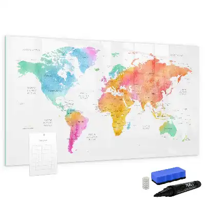 Pizarra de cristal magnética diseño de mapa del mundo en acuarela