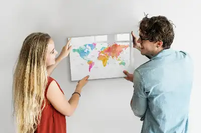 Pizarra de cristal magnética diseño de mapa del mundo en acuarela