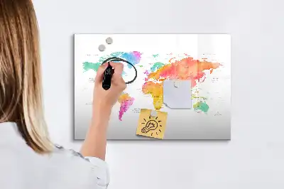 Pizarra de cristal magnética diseño de mapa del mundo en acuarela