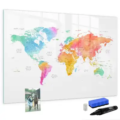Pizarra de cristal magnética diseño de mapa del mundo en acuarela