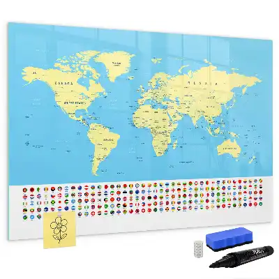 Pizarra de cristal magnética diseño de mapa del mundo clásico borrable