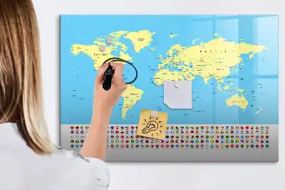 Pizarra de cristal magnética diseño de mapa del mundo clásico borrable