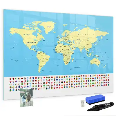 Pizarra de cristal magnética diseño de mapa del mundo clásico borrable