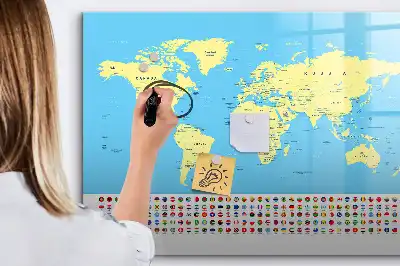 Pizarra de cristal magnética diseño de mapa del mundo clásico borrable