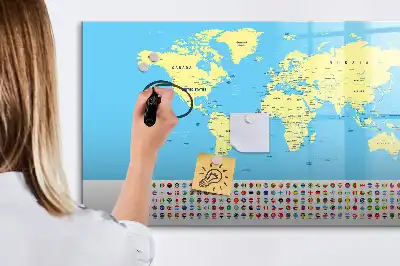 Pizarra de cristal magnética diseño de mapa del mundo clásico borrable