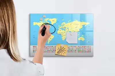 Pizarra de cristal magnética diseño de mapa del mundo clásico borrable