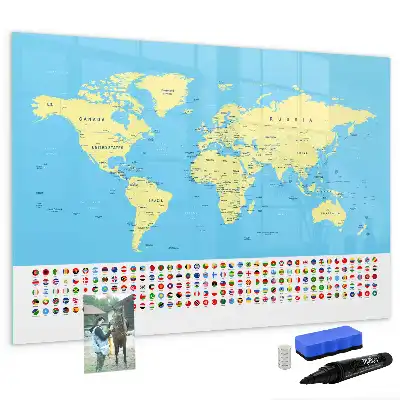Pizarra de cristal magnética diseño de mapa del mundo clásico borrable