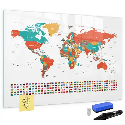 Pizarra de cristal borrable con imanes diseño de mapa del mundo colorido