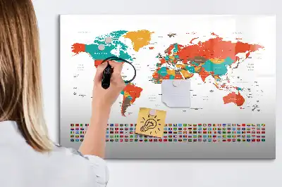 Pizarra de cristal borrable con imanes diseño de mapa del mundo colorido