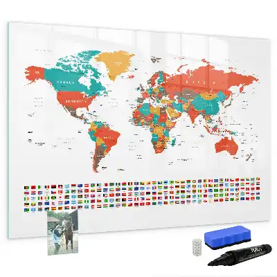 Pizarra de cristal borrable con imanes diseño de mapa del mundo colorido