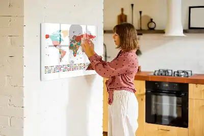 Pizarra de cristal borrable con imanes diseño de mapa del mundo colorido