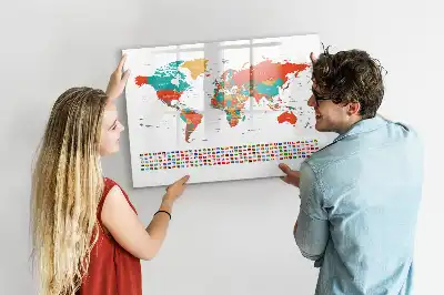 Pizarra de cristal borrable con imanes diseño de mapa del mundo colorido