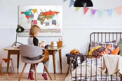 Pizarra de cristal borrable con imanes diseño de mapa del mundo colorido