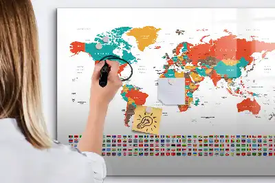 Pizarra de cristal borrable con imanes diseño de mapa del mundo colorido