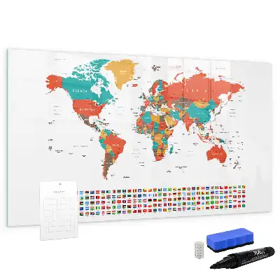 Pizarra de cristal borrable con imanes diseño de mapa del mundo colorido