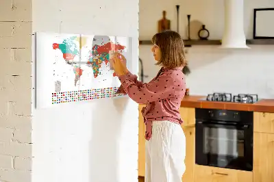 Pizarra de cristal borrable con imanes diseño de mapa del mundo colorido