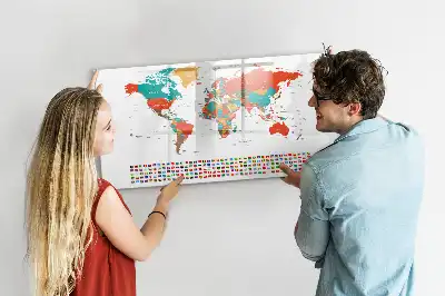 Pizarra de cristal borrable con imanes diseño de mapa del mundo colorido