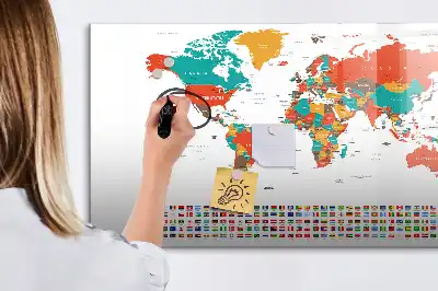 Pizarra de cristal borrable con imanes diseño de mapa del mundo colorido