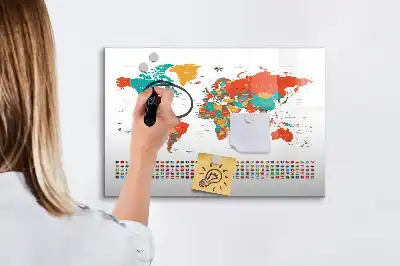 Pizarra de cristal borrable con imanes diseño de mapa del mundo colorido