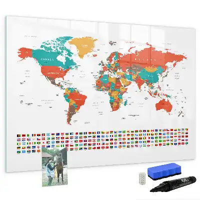 Pizarra de cristal borrable con imanes diseño de mapa del mundo colorido
